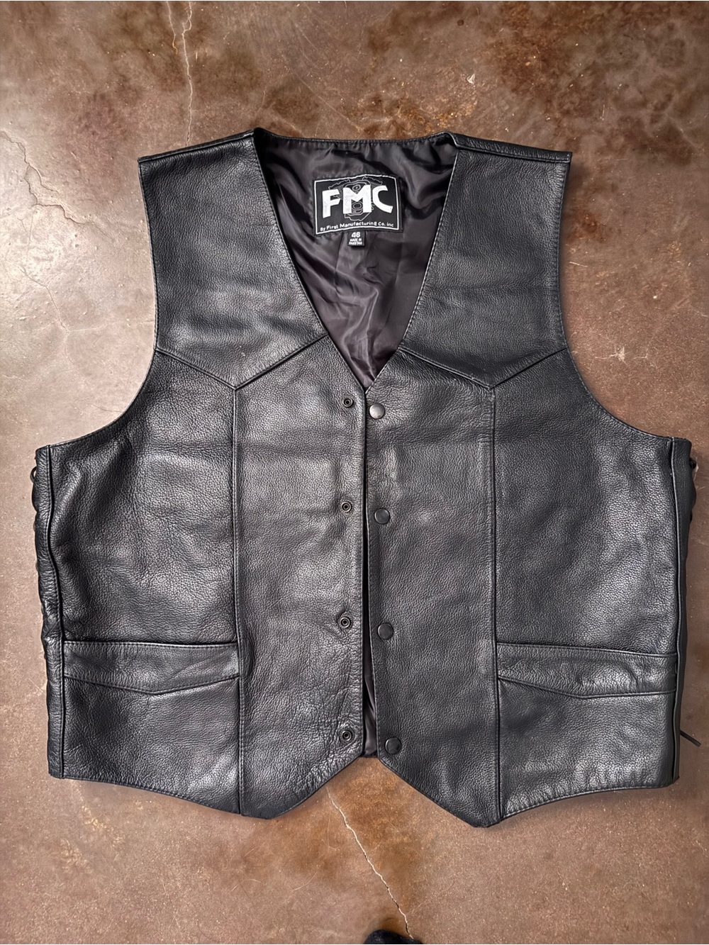 FMC Black Leather Men's Vest - Classic Snap Front